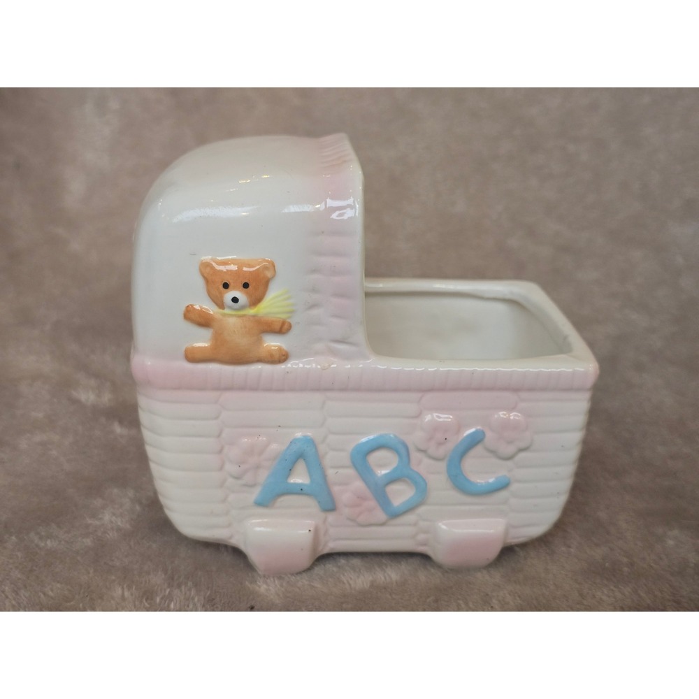 LBK Ceramic Baby Carriage Planter White Pink ABC Teddy Bear Nursery Decor